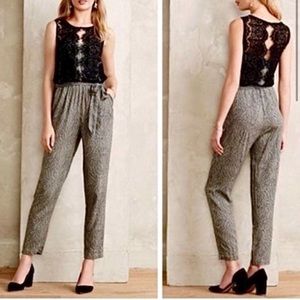 Anthropologie Elevenses Boho Jumpsuit Black Lace Medley Feather Ankle Pants Sz 4